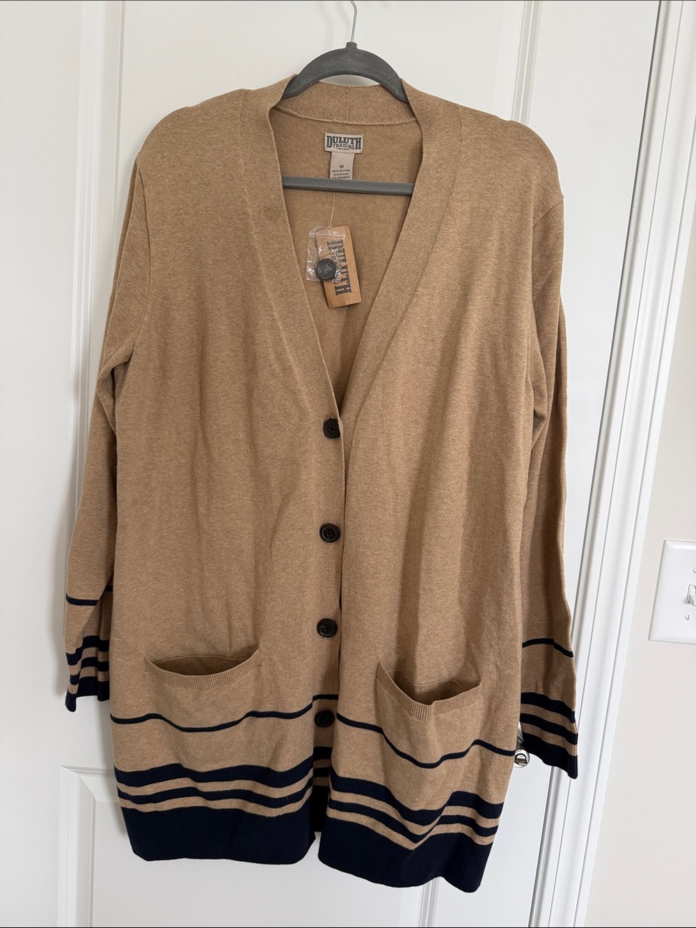 Duluth Trading Co Camel Cardigan with Navy Trim